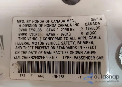 2015 Honda Civic Ex z USA, uszkodzony, nr VIN 2HGFB2F82FH502107